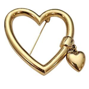 Monet Gold Tone Open Heart Brooch Glossy Charm Dangle Pin Signed, C837